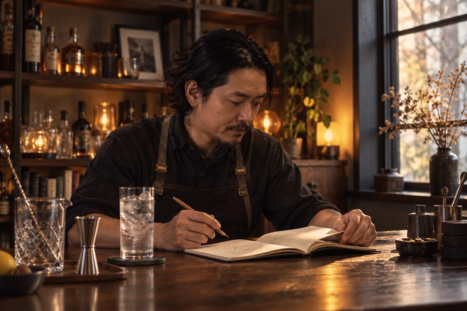 AI-generated illustration of the Naoki editorial character making notes at a home bar